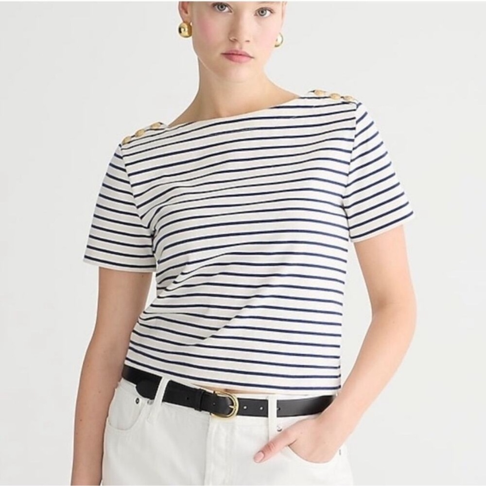NWT J. Crew MARINER STRIPE W/BUTTON DETAIL.Navy and White Striped Tee, M